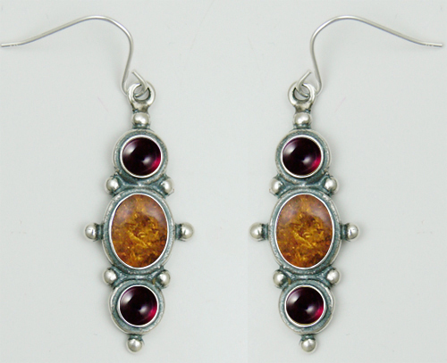 Sterling Silver Drop Dangle Earrings With Amber And Garnet